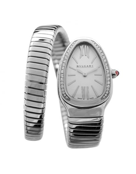 Serpenti Quartz Diamond White Dial Diamond Bezel Rubellite Crown Ladies Watch