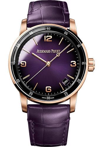 Audemars Piguet Code 11.59 Selfwinding 41 mm 15210OR.OO.A616CR.01 with purple dial and purple alligator strap, straight-on studio front view