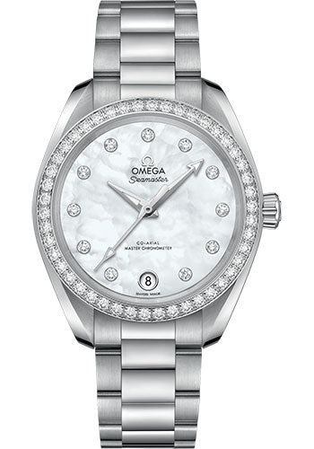 Omega Seamaster Aqua Terra 150M Co-Axial Master Chronometer Watch - 34 mm Steel Case - Diamond-Set Bezel - White Mother-Of-Pearl Diamond Dial - 220.15.34.20.55.001 - product image 1 of 1