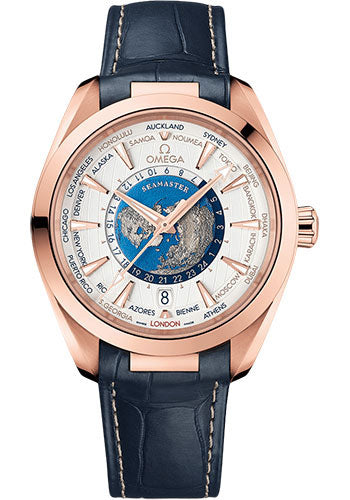 Omega Seamaster Aqua Terra 150M Omega Co-Axial Master Chronometer GMT Worldtimer - 43 mm Sedna Gold Case - Opaline Silvery Dial - Blue Leather Strap - 220.53.43.22.02.001 - product image 1 of 1