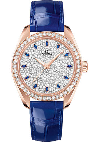 Omega Seamaster Aqua Terra 150M Co-Axial Master Chronometer Watch - 34 mm Sedna Gold Case - Diamond-Set Bezel - Radiant Diamond Dial - Glossy Blue Leather Strap - 220.58.34.20.99.002 - product image 1 of 1